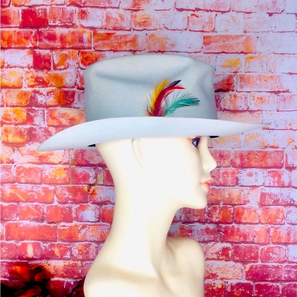 Vintage Stetson for Sheplers Off White Feather Accent Wool Felt  Rancher Hat